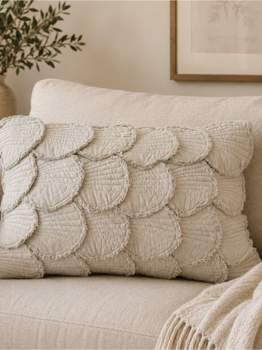 Creative Co-Op Cotton Lumbar Pillow With Appliqued Quilted Seashells, Sage
